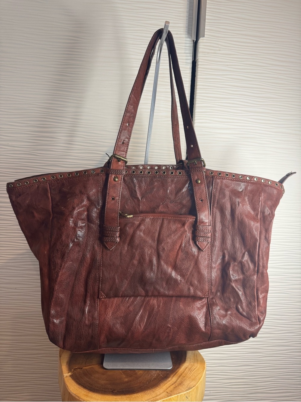 Joelle Hawkens Distressed Burgundy/ Cognac Lambskin Leather Grommet Tote Bag